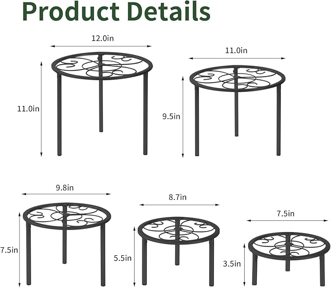 5-piece set of metal plant potted flower racks, heavy-duty flower pot plant racks of different sizes, iron flower racks, suitable for indoor and outdoor home decoration (Black)