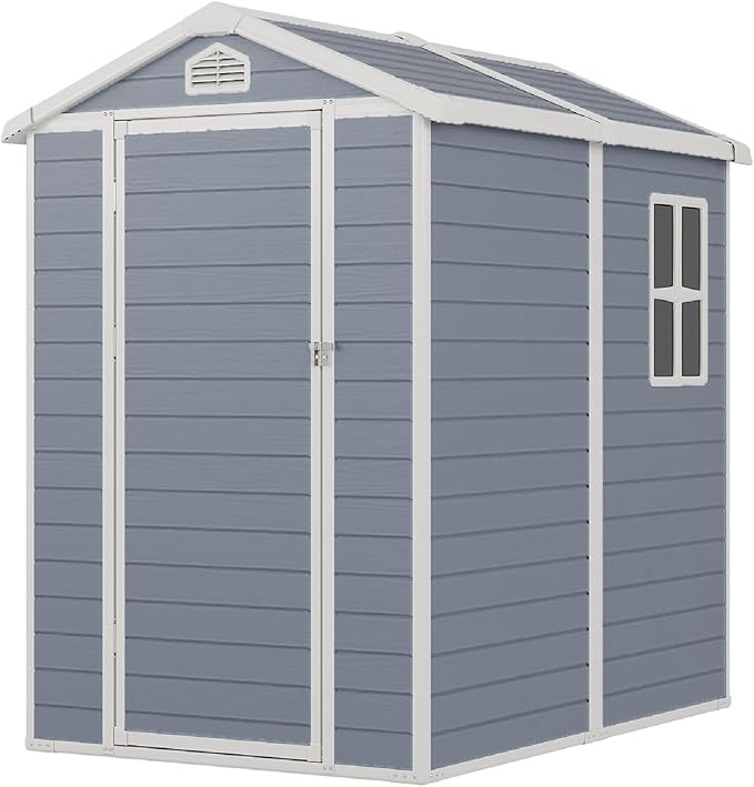6x4FT Storage Shed Plastic Outdoor Storage Shed Waterproof Container House with Lockable Door and Transparent Window for Garden, Lawn, Backyard, Patio