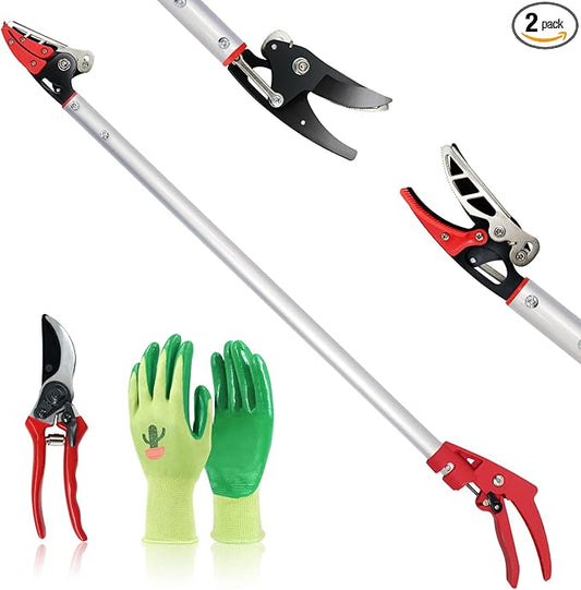 Cut and Hold Pruner Set, Lightweight 32-Inch Long Reach Pruner One-Handed Operation, Hold Long Reach Cut Rotating, 8.3" Hand Pruner for Branch Pruning, Fruit Picking, Prickly Plants & Roses
