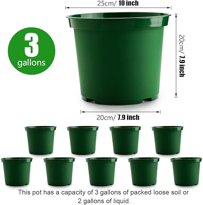 3 Gallon Plastic Nursery Pots, 10 Inch Round Plant Pots with Drainage Holes, 10 Pack Planting Pot for Outdoor Indoor Plants, Gardening Gifts for Women, Green
