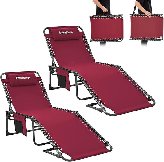 KingCamp 2 Pack Lounge Chair Outdoor, Folding Portable Tanning Chairs Comfy Adjustable 5-Position Lay Flat Foldable Chaise Chaser Lounger with Pillow for Outside Beach Patio Sun Bathing Pool, Wine