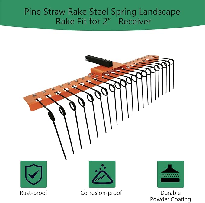 5FT Durable Pine Straw Rake Steel Spring Landscape Rake Fits 2" Receiver for Lawn Tractors or ATV/UTV Orange