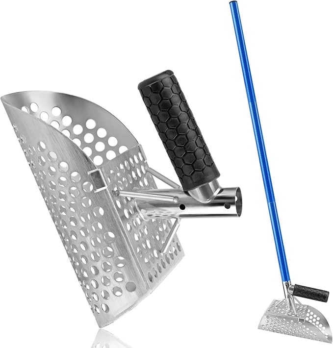 Sand Scoop with Long Carbon Fiber Handle,Heavy Duty Stainless Steel Metal Detecting Sand Scoop,Beach Metal Detecting Shovel for Underwater Treasure Hunting,Beach Sand Sifter Scoop(scoop4)