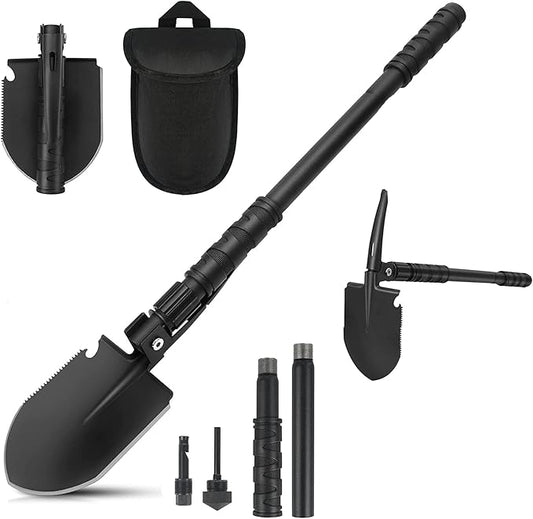 FLYEGO 9-in-1 Folding Camping Shovel, Multifunctional Military Shovel Portable Metal Detecting Shovel High Carbon Steel Entrenching Tool, Car Emergency, Hiking, Garden, Trenching, Backpacking