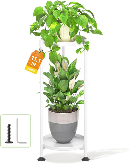 LASZOLA 2 Tier White Plant Stand Indoor for Large Tall Heavy Duty Flower Planter, Metal Vertical Multi Level Rack for Narrow Floor Corner, Sturdy Round Holder Organizer, Modern, Mid Century, Farmhouse