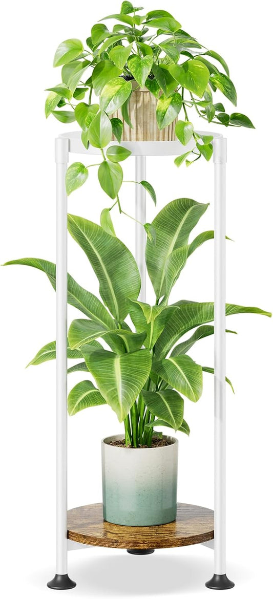 iDavosic.ly 2 Tier Corner Plant Stand Indoor, 30 Inch Tall Vertical Metal Flower Heavy Duty Pot Holder Shelf Outdoor for Patio Porch Living Room, White & Rustic Brown - Round