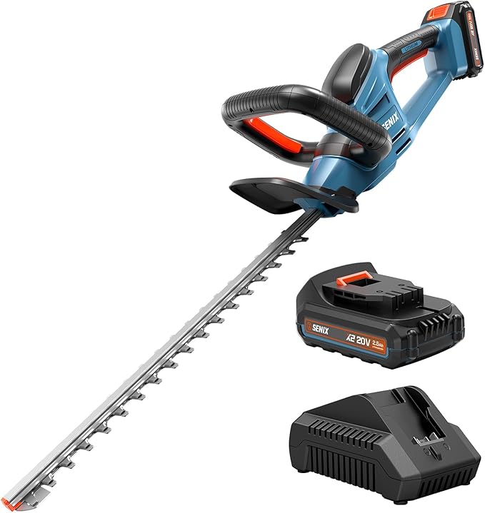 SENIX X2 20 Volt Max* 21-Inch Battery Powered Cordless Hedge Trimmer, Brushless Motor, Double-Sided Dual Action Blades, 3/4" Cutting Capacity, Includes Blade Cover, 2.5 Ah Battery & Charger (HTX2-M)