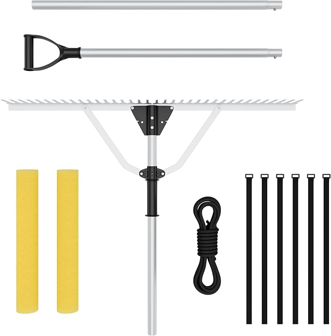 Goplus Floating Weed Lake Rake, 36" Aluminum Multifunctional Detachable Landscape Rake with Extension Handle, 20 FT Rope and Float, Weed & Algae Removal of Leaves, Floating Scum, Aquatic