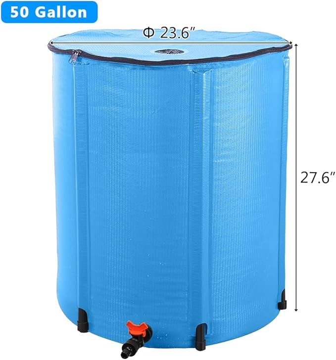 Collapsible Rain Barrel, 50 Gallon Portable Rainwater Collection System, Water Storage Tank, Rain Catcher Barrel with Spigots and Overflow Kit, Rain Water Barrel Collector for Garden, Blue