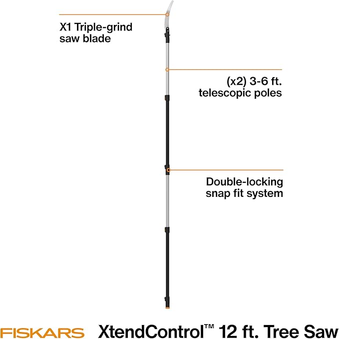 Fiskars XtendControl 12' Extendable Tree Pruner, Adjustable Pole Saw Branch Trimmer with 15" X1 Saw, 3-6' Extension Poles, and Secure Locking System for Precision Cutting