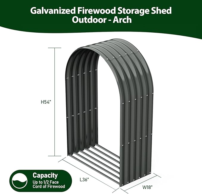ANLEOLIFE Galvanized Steel Firewood Rack with Weatherproof Corrugated Roof (Shed-Style Log Storage), Heavy Duty Outdoor Log Holder, Rust Resistant, Arch Gray, 18"D x 36"W x 54"H
