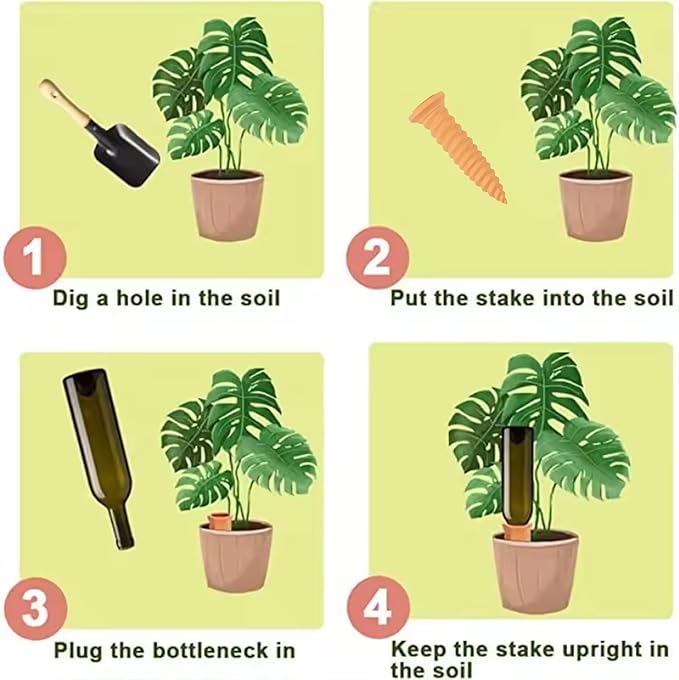 Self Watering Planter Insert 4 Pack Terracotta Vacation, 18oz Threaded shaped Watering Spikes Self Watering Devices for Indoor Outdoor Plants Easy To Refill & Maintain with 3 Pcs Mini Garden Tools Set