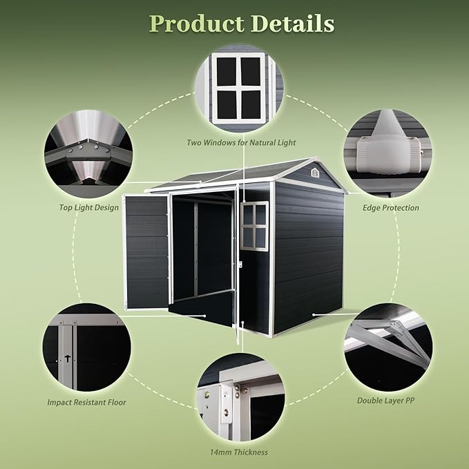 8x4 FT Resin Storage Sheds Outdoor with Floor Included, Plastic Sheds & Outdoor Storage Clearance with 2 Windows and Lockable Door, Backyard Storage Sheds for Bike, Garden Tools