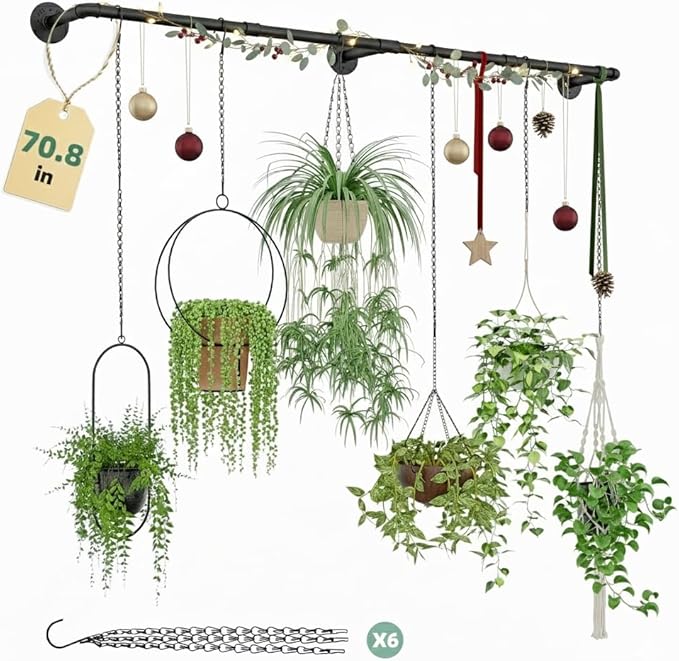 Plant Hanger Indoor with 6 Hanging Chains Hanging Planters for Indoor Plants Hanging Plant Holder Window Plants Rod Black Metal Shelves(70.8 Inch Pot not Included