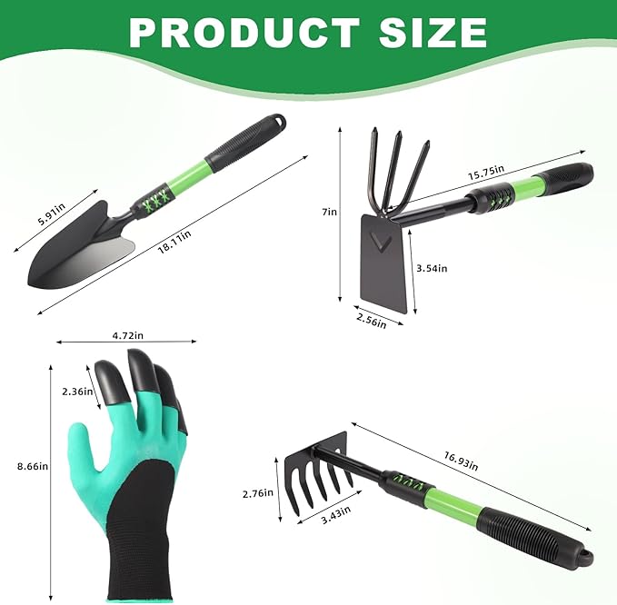 Garden Tool Set, 4 Pack Gardening Tools, Stainless Steel Heavy Duty Hand Cultivator, Hoes, Shovel, for Planting Weeding Digging, Gardening Gifts for Women, Green