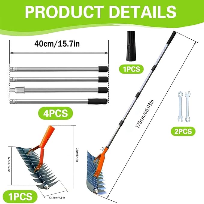 Thatch Rake, Lawn Dethatcher Rakes,Dead Grass Remover,Manual Dethatching Rake with Adjustable Length Handle, for Removing Dead Grass Debris Yard Garden, 66.9-Inch Length.