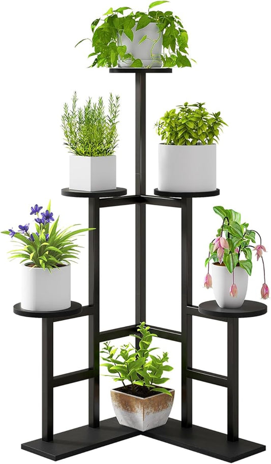 IBUYKE 6 Tier Plant Stand Indoor, Tall Flower Pot Stand for Multiple Plants, Tiered Corner Plant Shelf for Living Room Patio Balcony Garden, , Black TMJ072B