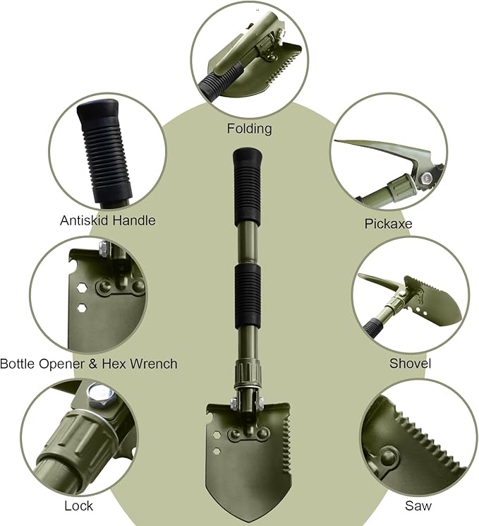 Folding Camping Shovel, Carbon Steel Multi-Tool Survival Shovel for Outdoor, Emergency, Hiking, Car Off-Road (Green)