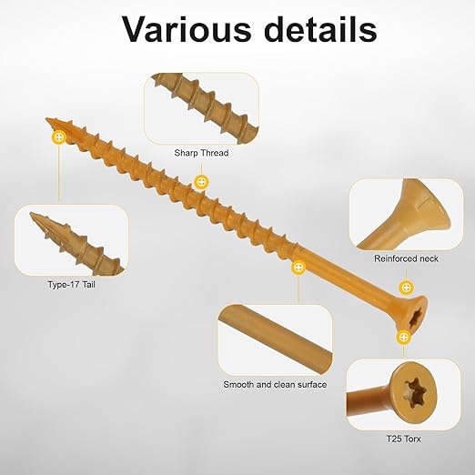 Wood Screws #10 x 3-1/2’’, T25 Star Torx Drive Flat Head Deck Screws, Tan, 58Pcs (1lb)