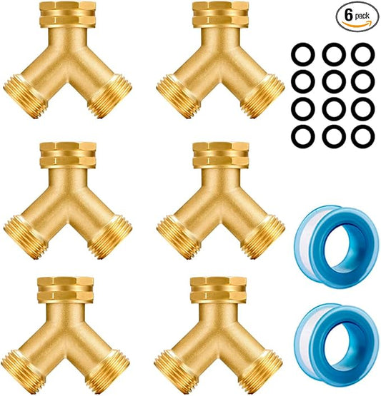 Garden hose splitter, Brass Y-Type Unrestricted Flow Fitting, Garden Faucet splitter (2-way full flow 6Pcs)