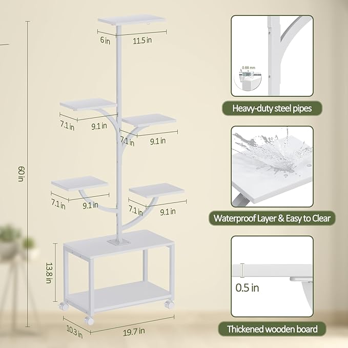 Plant Stand Indoor with Grow Lights, 60" Tall 7-Tier Corner Plant Stand for Indoor Plants Growing, Metal Tree-Shaped Display Rack for Home, Patio - White