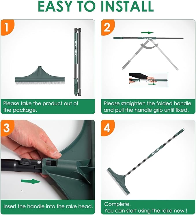 ORIENTOOLS Foldable Artificial Turf Rake - 51" Turf Rake for Artificial Grass - Steel Handle Artificial Grass Rake - Carpet Rake for Cleaning Leaves from Lawns and Pet Hair from Carpets