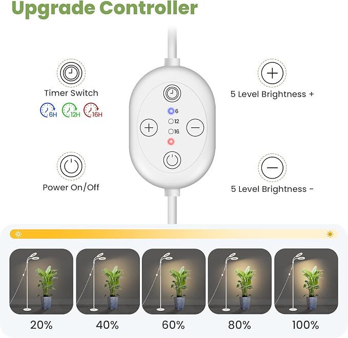 Large Plant Lights for Indoor Growing 24V, 660nm-Enhanced Full Spectrum, LUMILEDS LED Grow Light, 2×6.3in Grow lamp with Timer & Dimming, Adjustable Height 22-70in, 30W, 320μmol/s/m²@6in, K30-W
