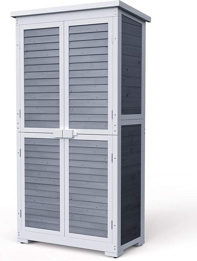 Gizoon Outdoor Storage Cabinet with 3 Shelves, Double Lockable Wooden Garden Shed with Waterproof Roof, Outside Vertical Tall Tool Shed for Yard Patio Lawn Deck-Grey