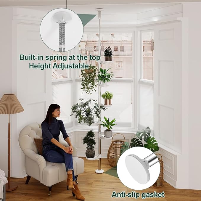 Hershii 7-Layer Tension Pole Plant Stand Indoor Decorative Display Rack Stands for Flower Pots Floor to Ceiling Adjustable Hanging Corner Shelf