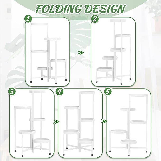 iDavosic.ly Plant Stand Indoor Outdoor, 5 Tier Corner Metal Flower Display Holder Shelf, Easy Assembly Folding Tall Orchid Rack for Patio Balcony Porch Garden Living Room House, White