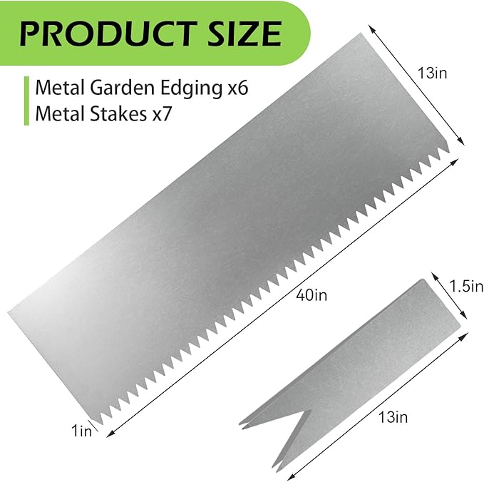 Landscape Edging Kit, 13 INCH 6 PCS Galvanized Steel Edging Landscape Lawn Edging Powder for Lawn Yard, Coated Bendable Metal Strips, No-Dig Hammer-in Edging Border w/ 7Clips