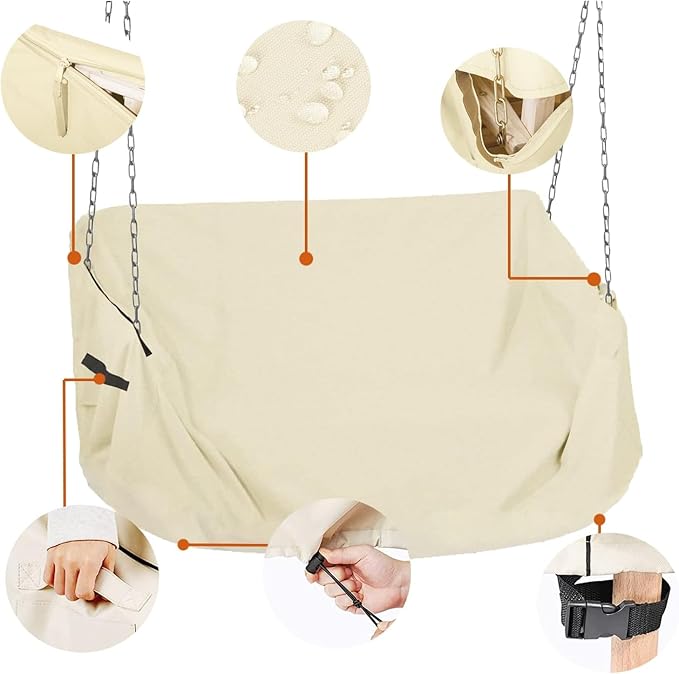 Porch Swing Cover 73 Inch Waterproof 600D Oxford Hanging Outdoor Swing Cover All Weather Protected Swing Covers for Outdoor Furniture (Beige, 73x30x(32-24) Inch)