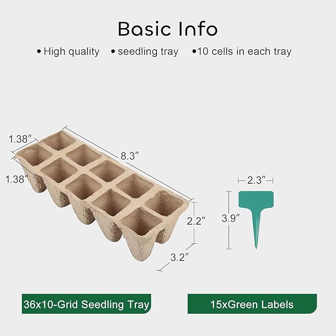 GROWNEER 360 Cells Peat Pots Seed Starter Trays 36 Packs Biodegradable Seedling Pots Germination Trays Organic Plant Starter Kit with 15 Pcs Plant Labels