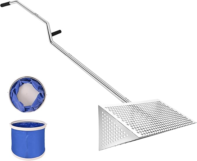 Sea Flea Rake for Beach - Premium 304 Stainless Steel Sand Crab Catcher, Beach Sifter 52’’ Long Handle w Ergonomic Curved Design, Large Basket w Curved Teeth, Sand Sifter for Shark Teeth, Shells