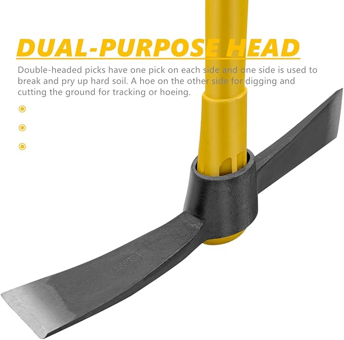 Cutter Mattock, 36" Heavy Duty Pick Axe with Forged Heat Treated Steel Blades Hoe for Weeding, Prying and Chopping, Digging Tool with Fiberglass Handle (36.3inch, Yellow)