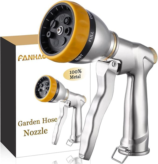 FANHAO Garden Hose Nozzle Heavy Duty, 100% Metal Spray Nozzle High Pressure Water Hose Nozzle with 7 Patterns for Watering Garden, Washing Cars and Showering Pets