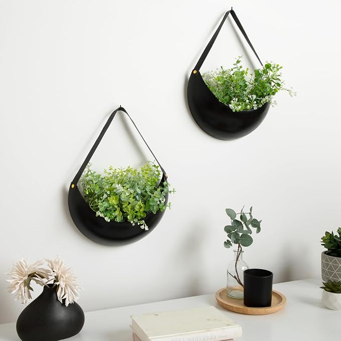 Set of 2 Black Metal Wall Planters - 12" Crescent Hanging Pots with Faux Leather Straps - Indoor Outdoor Decor for Succulents & Air Plants - Unique Plant Gift and Modern Minimalist Home Decor