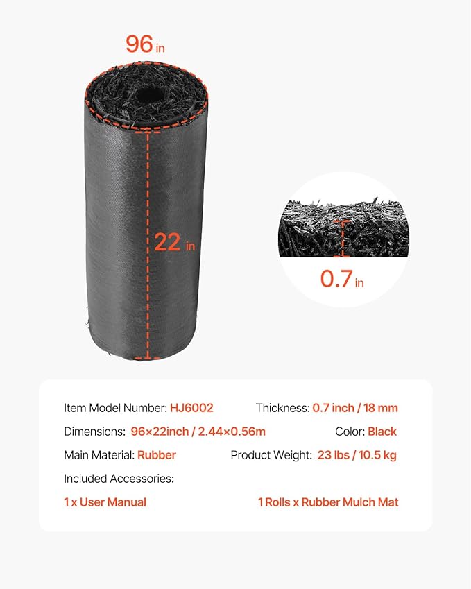 VEVOR Recycled Rubber Mulch Mat,Permanent Mulch Walkway Pathway,Garden Edging Border for Plants, Vegetables & Flower Garden Barrier, Black Rubber Mulch for Landscaping Outdoor 8' x 2'