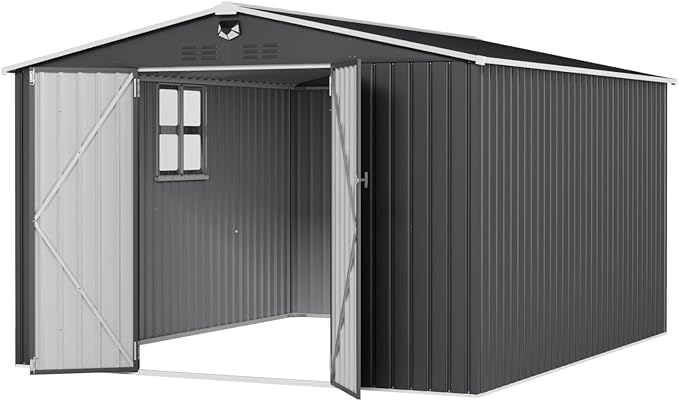 10x12 FT Outdoor Storage Shed, Metal Sheds & Outdoor Storage, Waterproof Sheds with Lockable Doors for Backyard