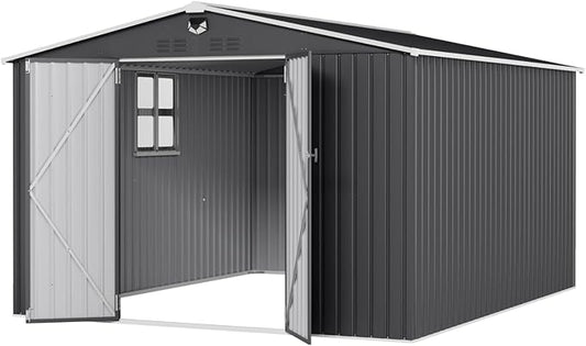 10x12 FT Outdoor Storage Shed, Metal Sheds & Outdoor Storage, Waterproof Sheds with Lockable Doors for Backyard