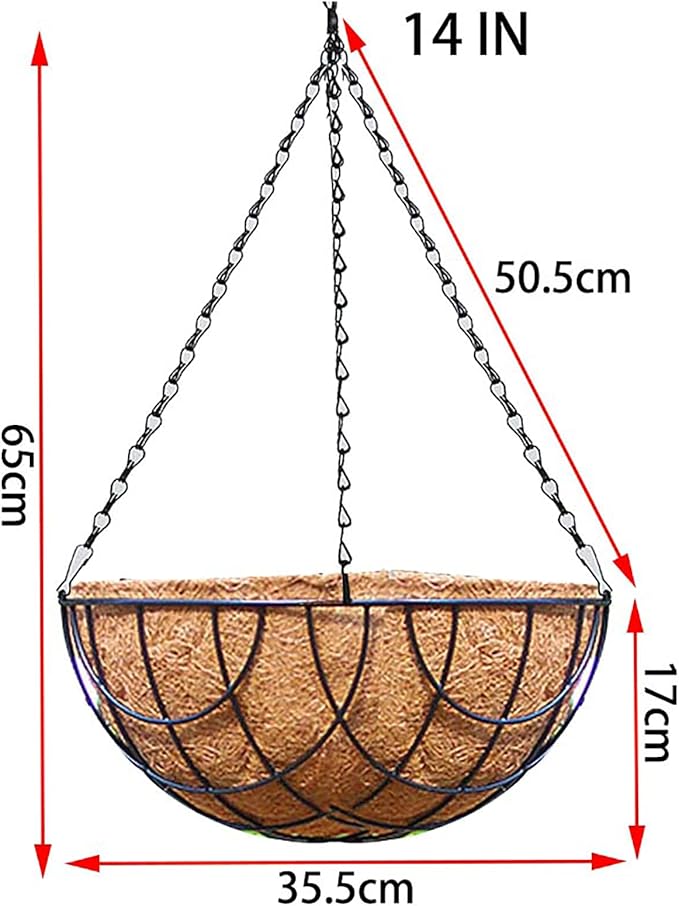14 inch Metal Hanging Baskets For Plants Outdoor 4 Pack Round Metal Wire Hanging Basket Planter with Coco Fiber Liners Plant Holder for Garden, Patio, Deck, Porch Plants Flower Potss Outdoor(Grid)