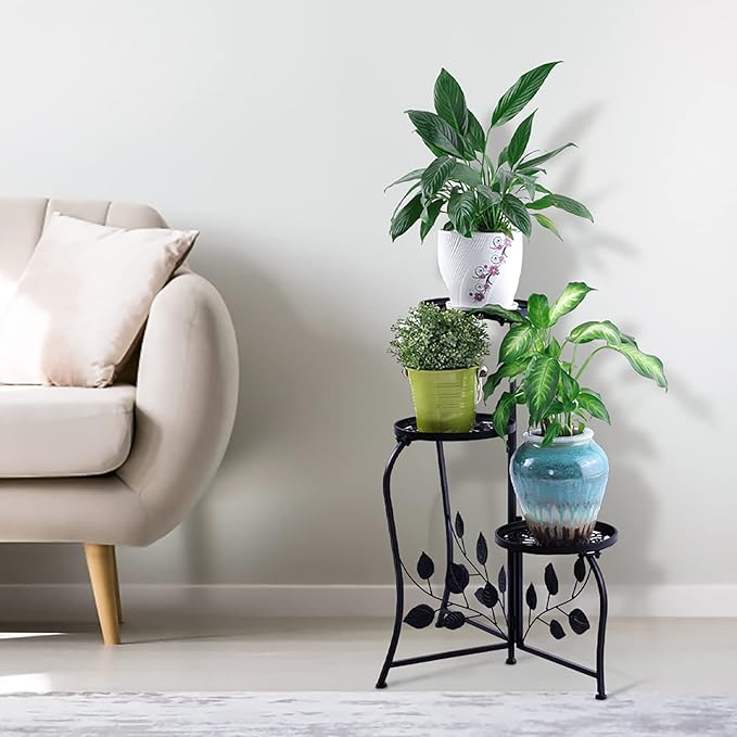DAZONE 3-Tier Plant Stand for Indoor and Outdoor Use, Black Wrought Iron Metal Plant Shelf Holds 3 Pots, Space-Saving Decor for Corner, Balcony, Bedroom, Garden