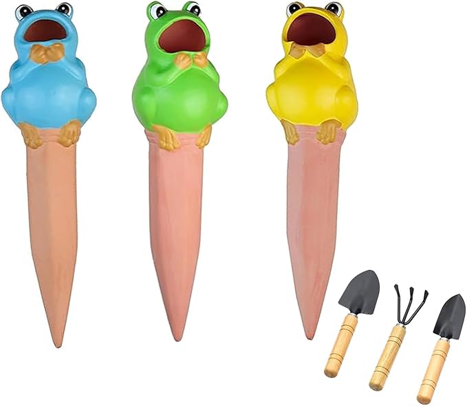 Self Watering Planter Insert 3 Pack Terracotta Vacation, 18oz Frog Shaped Self-Watering Planters Devices for Indoor Outdoor Plants Easy to Refill & Maintain with 3 Pcs Mini Garden Tools Set