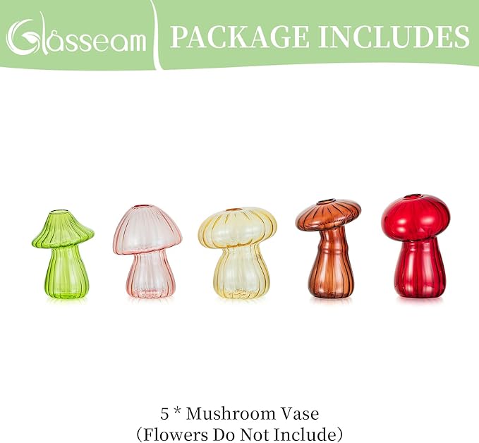 Glasseam Mushroom Plant Propagation Stations: Cute Glass Terrarium Jar Propagation Vase Set of 5 Hydroponic Planters for Home Room - Unique Colorful Mushroom Decor Gifts for Plant Lovers