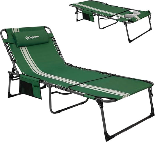 KingCamp Tanning Chair with Face Hole, Lounge Chairs Outdoor Folding Comfy Adjustable 5-Position Lay Flat Foldable Chaise Chaser Lounger for Outside Beach Patio Sun Bathing Pool, Green/White