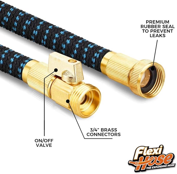 Flexi Hose Expandable Garden Hose with 8 Function Nozzle, 25FT - Lightweight Retractable Garden Hose, Water Hose - No-Kink Flexibility, 3/4 Inch Solid Brass Fittings and Double Latex Core