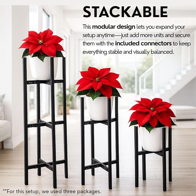 2 Tier indoor outdoor Plant Stand - Set of 2 Heavy Duty Rustproof Metal Plant stands, Modern Reversible Flower holder for Large Pots. Adjustable plant stand for pots 8–12 Inch), 32" Tall, Stackable Rack for Patio or Home Decor by iSpaces