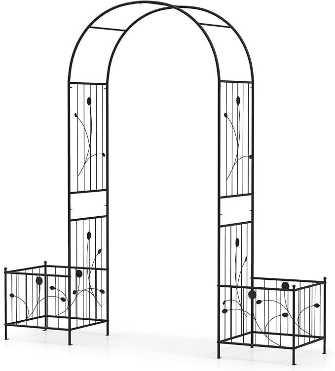 Giantex Garden Arch Trellis with Planters, 86'' Metal Arbor Pergola for Climbing Plants Rose, Heavy-Duty Outdoor Archway for Wedding Party Ceremony Pathway Garden Yard Lawn Decoration