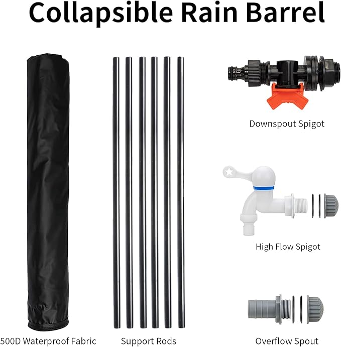 132 Gallon Collapsible Rain Barrel, Water Storage Tank, Portable Rainwater Collection System, Rain Catcher Barrel with Two Spigots and Overflow Kit, Rain Water Barrel Collector for Garden, Black