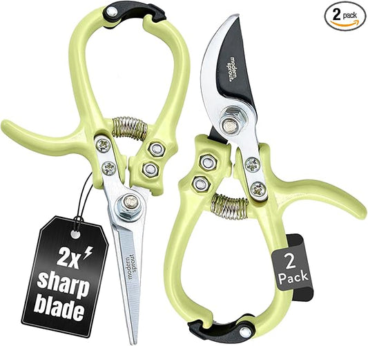 Modern Sprout Hand Pruners & Shears Set - Lightweight Gardening Tools W/Easy Lock - Sharp Carbon Steel Blades -Rust Resistant Scissors for Herbs, Flowers - Reusable Holster - Chartreuse